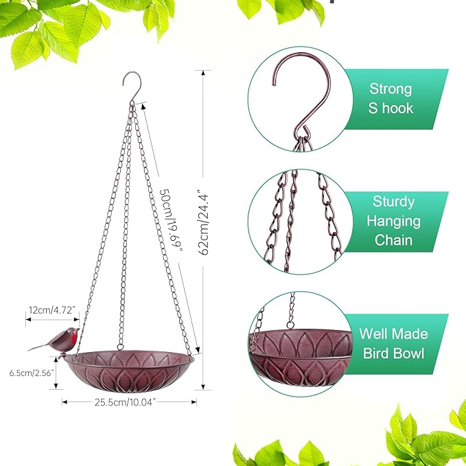 2 Pack Hanging Bird Bath for Outdoors, Metal Birds Feeder & Water Bowl with Chains and S-Hooks, Garden Birdbath Tray for Patio Porch, Tree Branch, Backyard Yard Decor (Rustic Brown)