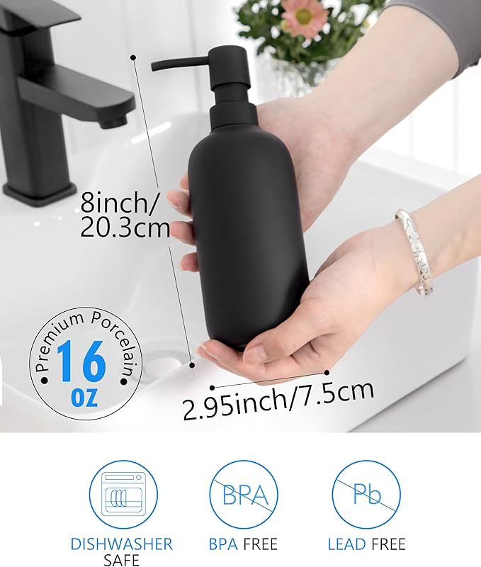 Ceramic Soap Dispenser - Elegant Hand Soap Pump with 4 Labels (Soap, Dishes, Lotion, Hands) - Durable & Stylish Ceramic Design for Kitchen & Bathroom, Refillable Liquid Soap dispenser (Black)