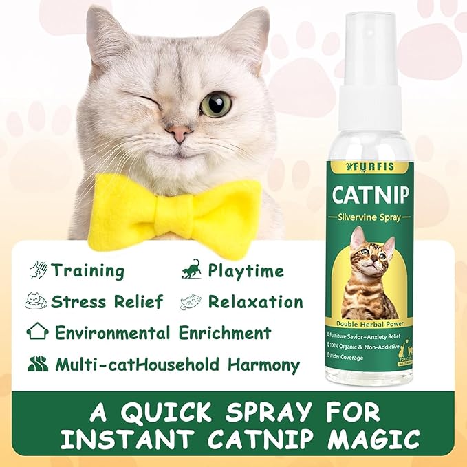 Organic Catnip & Silvervine Spray for Cats & Kittens - Extra Strength Calming Formula with Double Plant Power, Stress & Anxiety Relief, Renews Toys/Scratchers(2 Oz) (30ML)