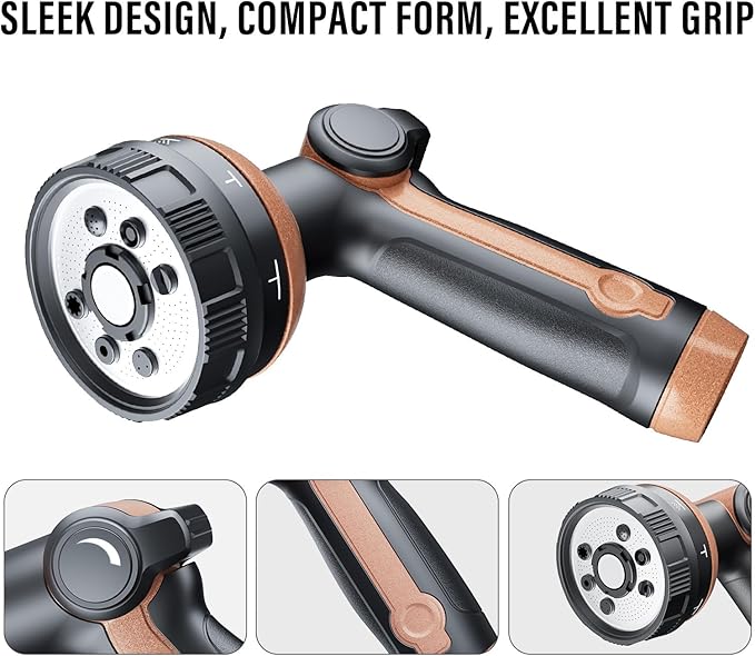 Heavy Duty Garden Hose Nozzle, 100% Metal Water Hose Sprayer with 8 Spray Patterns, Hose Nozzle with Thumb Control, On Off Valve, for Lawn & Plant Watering, Car & Pet Washing