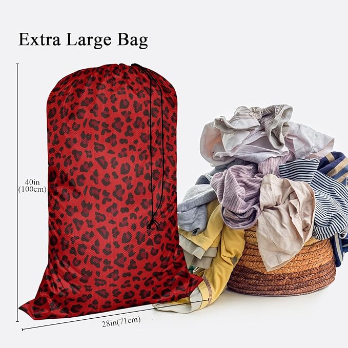 Swono Red Leopard Pattern Laundry Bag Large Heavy Duty Laundry Backpack with Adjustable Drawstring Closure Animal Print Panther Wildlife Laundry Hamper for Traveling Dirty Clothes Organizer