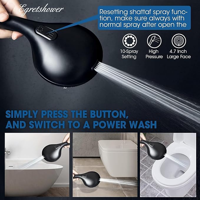 High Pressure Handheld Shower Head, 10-Setting Showerhead, 4.7”Detachable Showerhead Set with 5ft Hose, Adjustable Bracket and Built-in Power Wash to Clean Tub, Tile & Pets - Black