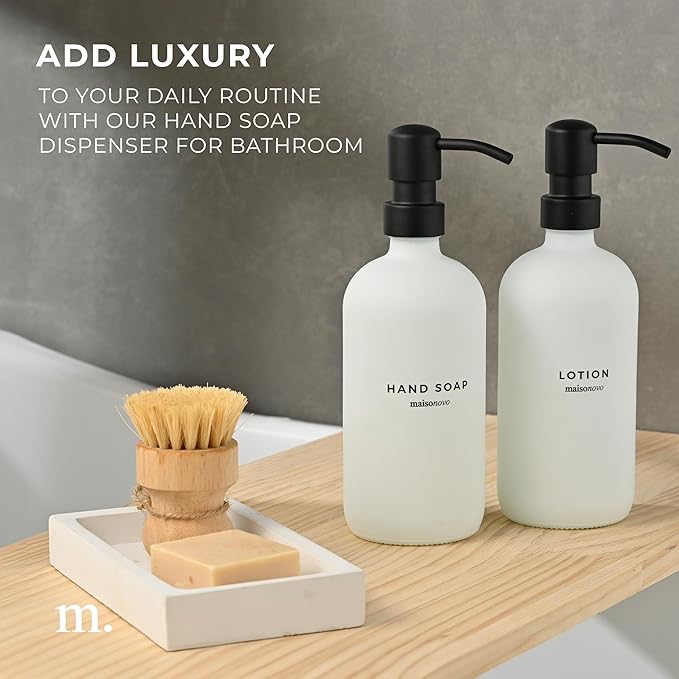 MaisoNovo Soap Dispenser 3-Piece Set | 16.9oz White Bottles with Black Stainless Steel Pumps