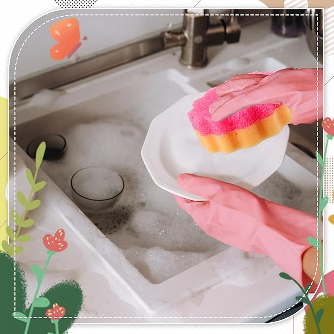 3 Pcs Dual Sided Scrub Sponge Multi Functional Cute Temperature Sensitive Non Scratch Dish Sponge for Washing Dishes Kitchen Bathroom(Flower)