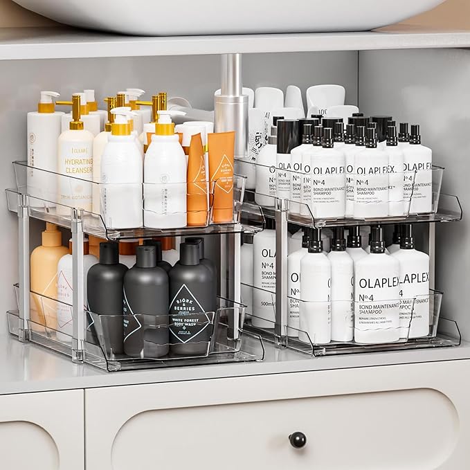 2 Sets Large Capacity Under Sink Organizers And Storage,Multi-Purpose 2 Tier 9.6"Tall Under Bathroom Sink Organizer and Under Cabinet Storage,Clear Pull Out Medicine Cabinet Organizer With 8 Dividers