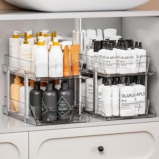 2 Sets Large Capacity Under Sink Organizers And Storage,Multi-Purpose 2 Tier 9.6"Tall Under Bathroom Sink Organizer and Under Cabinet Storage,Clear Pull Out Medicine Cabinet Organizer With 8 Dividers
