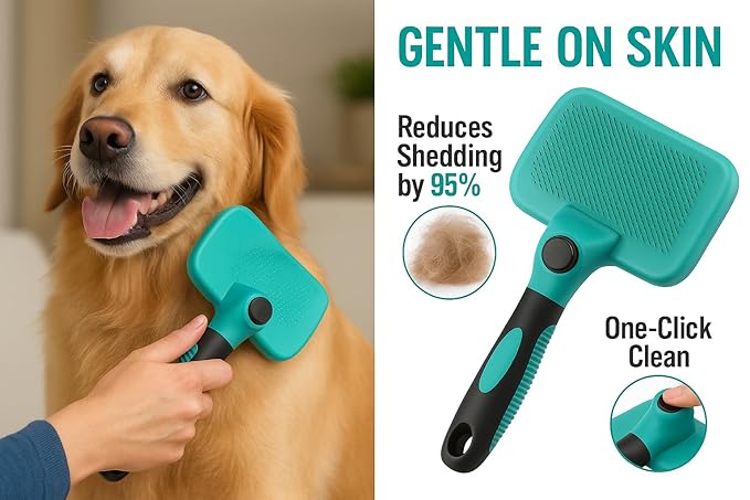 Self-Cleaning Pet Grooming Brush for Dogs & Cats – Gentle Silicone Tips Remove Loose Hair, Mats & Tangles – Comfortable Anti-Slip Grip