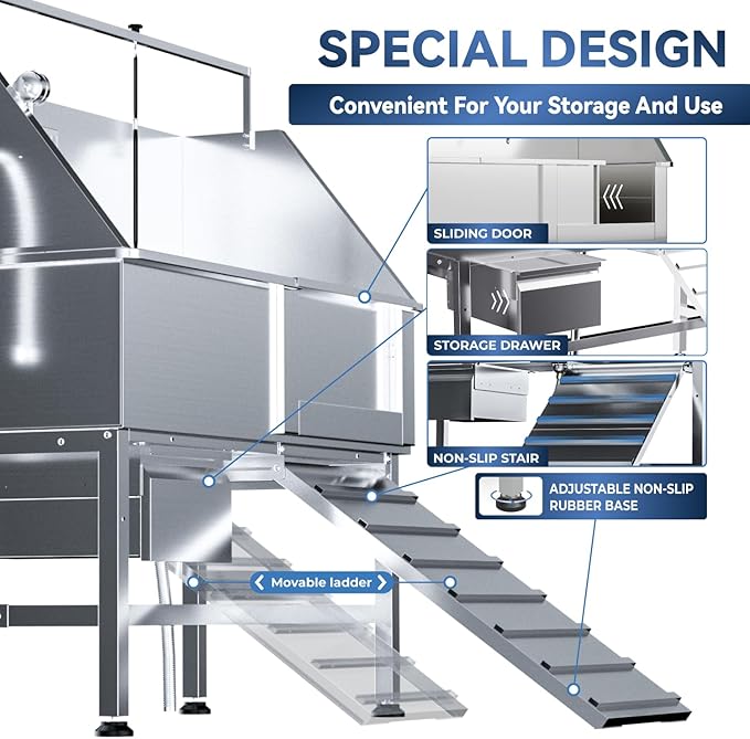 46" Dog Washing Station for Home,Stainless Steel Professional Dog Bathing Station Height Adjustable D og Grooming Tub Ramp, Drawer, Floor Grate & Fauct (R Ramp)