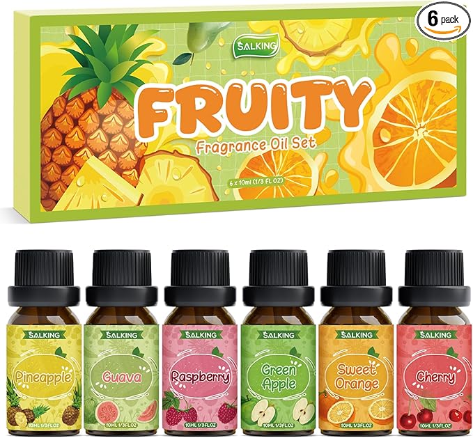 SALKING Fruity Fragrance Essential Oils Set, Essential Oil Gift Set Scented Oils for Diffuser Candle Making - Pineapple,Guava, Raspberry, Green Apple, Orange, Cherry