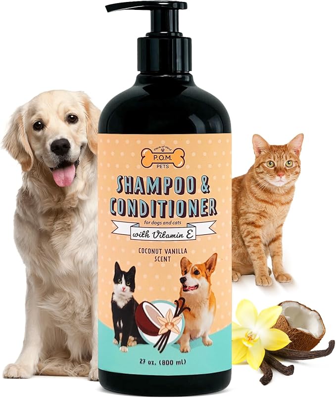 POM Pets 2-in-1 Organic Dog Shampoo & Conditioner – Itchy Skin Relief, Dog Deshedding, Detangles Fur, Cat Shampoo, Paw Cleaner for Dogs, Natural Coat Defense Formula