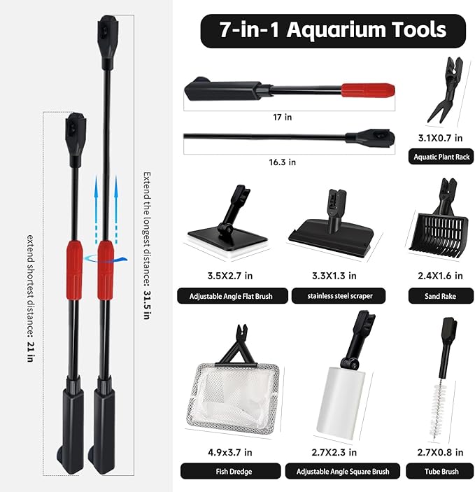 Aquarium Cleaning Tools, 7 in 1 Fish Tank Cleaning Kit with Adjustable Long Handle,Aquarium Sponge Brush, Scraper Cleaner,Fish Net,Tube Brush,Fork,Gravel Rake for Fish Tank Cleaner
