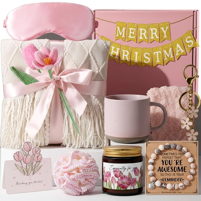 Zopeal Luxury Gift Box for Women, 12 Pcs Spa & Relax Set with Blanket, Mug, Candle, Socks, Hair Scrunchie, Keychain, Bath Sponge, Eye Mask, Greeting Card for Birthday, Thank You, Get Well Themed Gifts