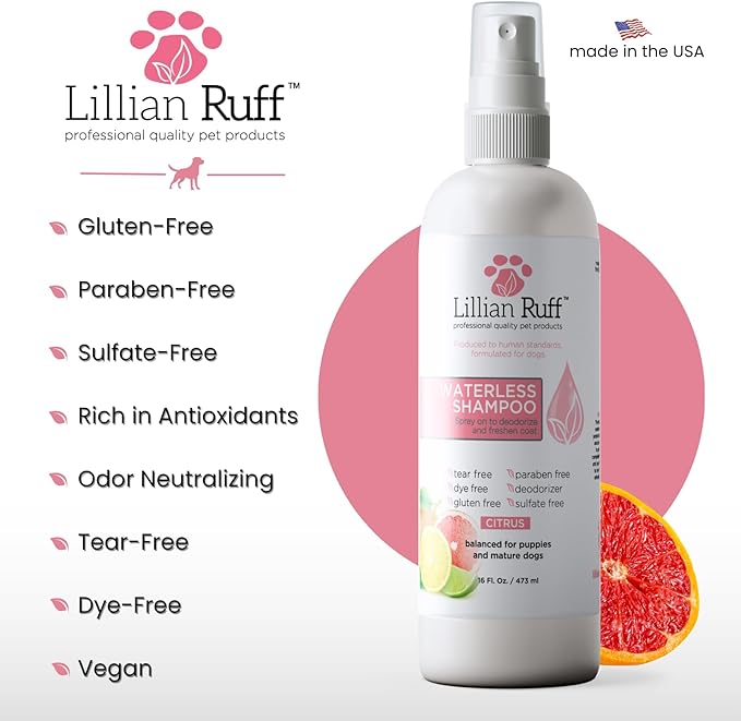 Lillian Ruff Waterless No-Rinse Dog Dry Shampoo Spray with Hydrating Essential Oils - pH-Balanced Dry Shampoo for Dogs - Clean, Condition, Detangle & Deodorize Dry, Sensitive Skin (Citrus)