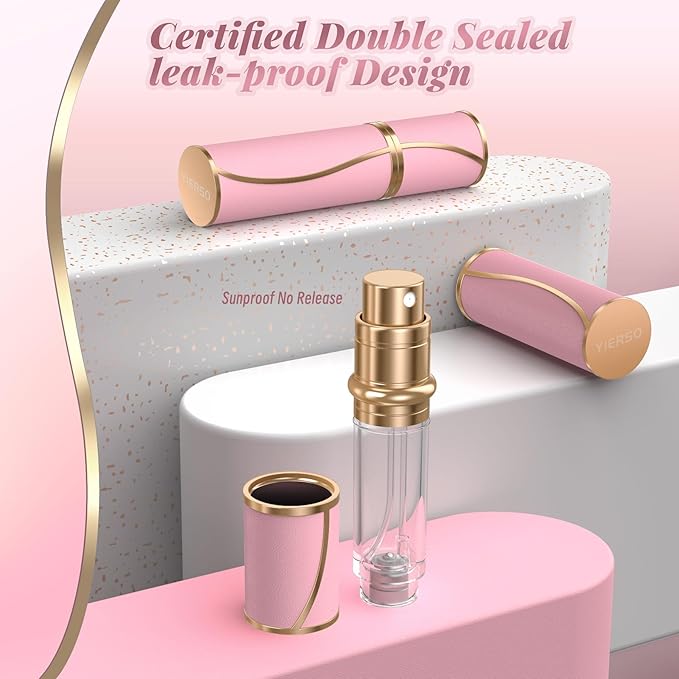 10ml Perfume Travel Atomizer,Genuine Leather Bottom Filling Refillable Perfumes Bottle,Mini Cologne Fragrances Dispenser,Portable Sprayer Pocket Size for Plane Trip Gift 0.34oz (Pink)