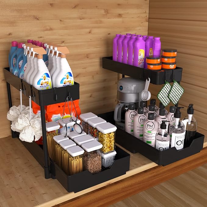 2 Pack Under Sink Organizer 2 Tier Sliding Cabinet Organizers Multi-Purpose Sink Storage Basket L-Shape Narrow Space Storage Shelves with 4 Hook for Kitchen Bathroom Drawer, Black