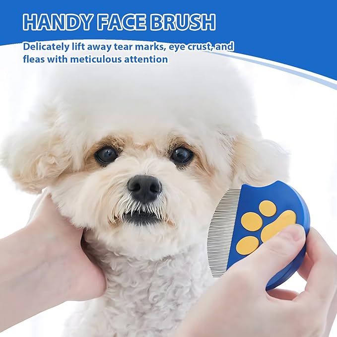 Professional Flea Comb & Eye Cleaning Tool for Cats Dogs - Stainless Steel Fine Teeth Grooming Comb with Anti-Slip Handle - Removes Lice, Eye Gunk, Tear Stains - Gentle for Pets& Small Breeds