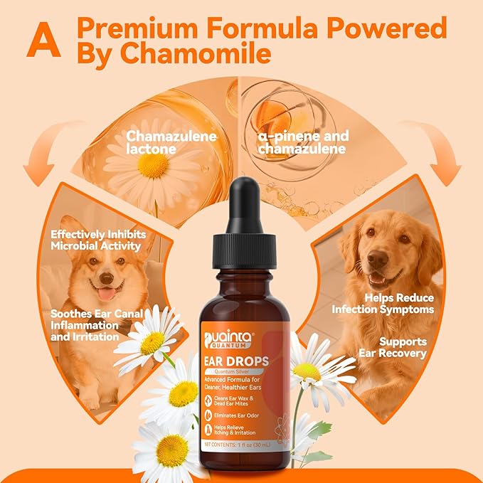 Dog Ear Drops with Finger Cots, Natural Dog Ear Cleaner and Infection Treatment, Quantum Silver Dog Ear Cleaning Solution for Itching, Irritation & Wax Build-Up,1oz