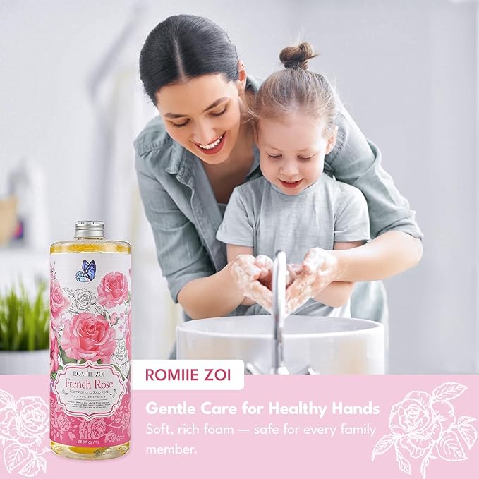 ROMIIE ZOI Rose Foaming Hand Soap Refill Gift Set – 3 Pack (33.8 Fl Oz Each) with Refillable Dispenser, Romantic Floral Scent, Moisturizing & Biodegradable for Bathroom, Kitchen, Sensitive Skin