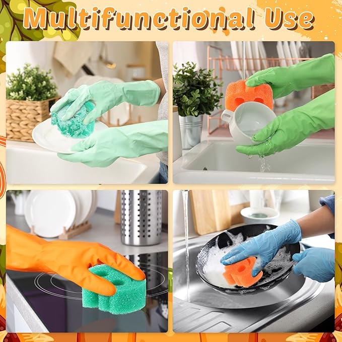 3 Pcs Dual Sided Scrub Sponge Multi Functional Cute Temperature Sensitive Non Scratch Dish Sponge for Washing Dishes Kitchen Bathroom (Thanksgiving Pumpkin,Orange, Yellow, Green)