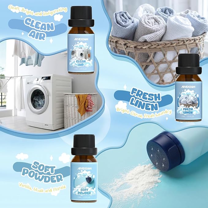 Clean Essential Oils Set, ARVIDSSON Natural Fragrance Oil for Diffuser, Soap Making - Fresh Linen, Clean Home, Fresh Cotton, Soft Powder, Blossom Soap, Lemongrass, Strong Scented Oils for Home
