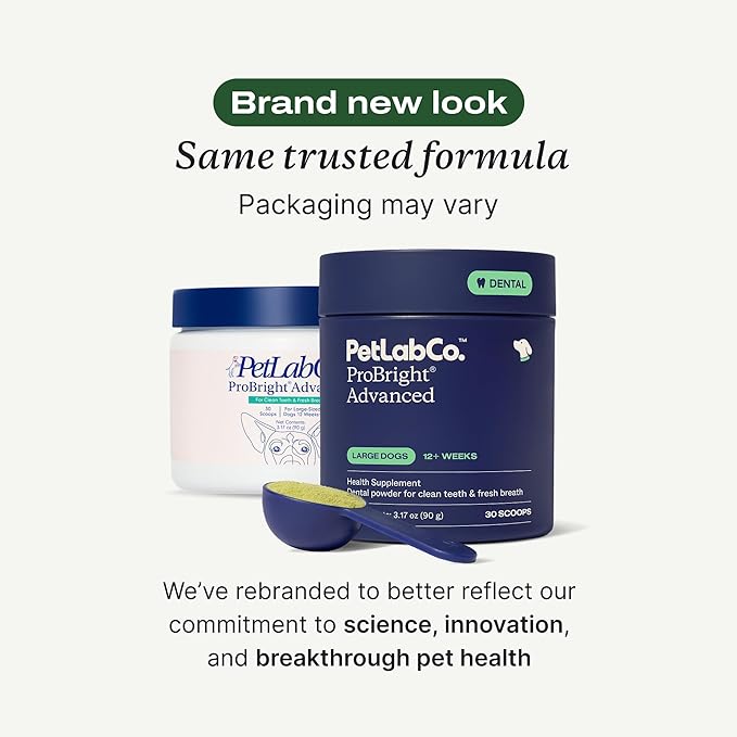 PetLab Co. ProBright Advanced Dental Powder - Dog Breath Freshener - Teeth Cleaning Made Easy – Targets Tartar & Bad Breath - Packaging May Vary - Formulated for Large Dogs