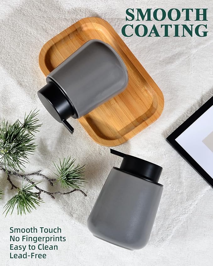 BosilunLife Grey Lotion Dispenser - Modern Ceramic Soap Dispenser Bathroom 12 oz Bottles Lotion Hand Pump Dispenser Black Pump Dish Liquid Dispenser for Kitchen Hand Wash Dispenser