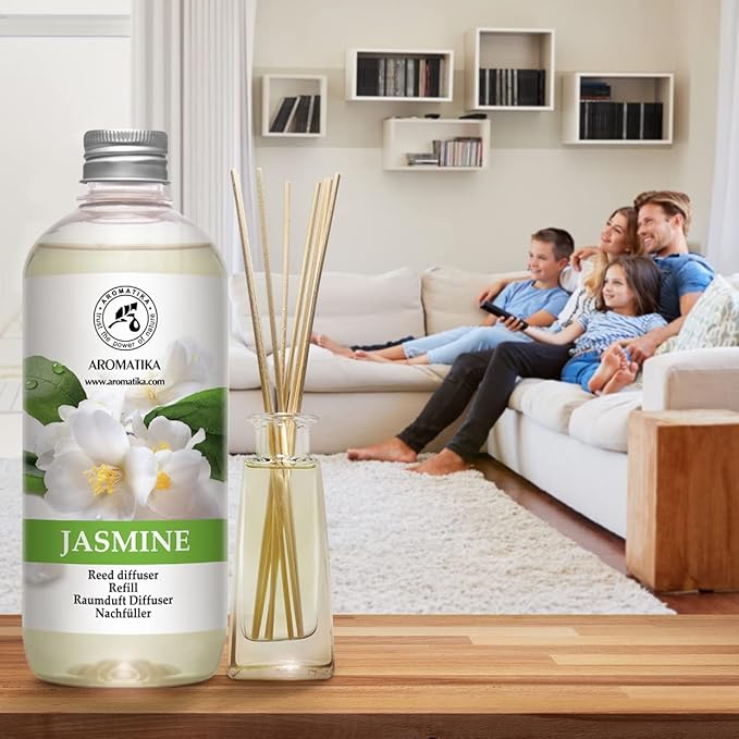 Jasmine Reed Diffuser Refill w/Natural Essential Jasmine Oil 17 Fl Oz - Fresh & Long Lasting Fragrance - Scented Reed Diffuser Oil Refill - Best for Aromatherapy - SPA - Home