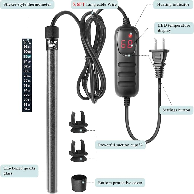 HITOP Compact Submersible Aquarium Heater -100W Digital Heater for Fish Tank Turtle Tank 10-25 Gallon, Saltwater and Fresh Water with Temperature Controller (100W)