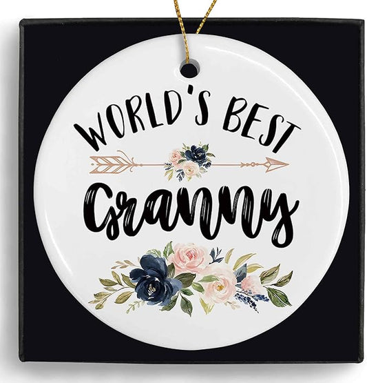 World's Best Granny Ceramic Ornaments Gifts, Grandma Grandmother Round Hanging Ornament Decor Decorations for Christmas Tree Car, Thank You Appreciation Gifts for Granny Birthday Holiday