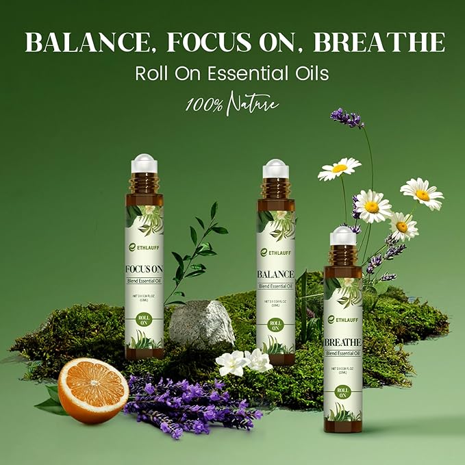 Essential Oils Roll On Set 3 Pack (Breathe, Focus on, Balance) - Essential Oil Blend Stress Relief Gift Aromatherapy Self Care Gift for Women, 3 * 10ml