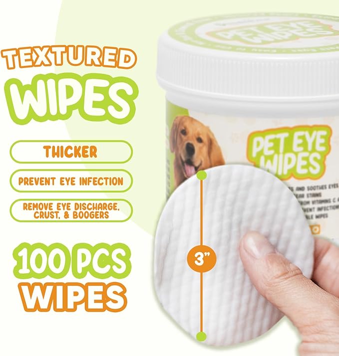 Pet Eye Wipes for Dogs & Cats | Gently Removes Tear Stains, Eye Debris, Discharge, Mucus Secretions | Chamomile Oil Pet Cleaning & Deodorizing Wipes for Eyes & Stains (100 Count)