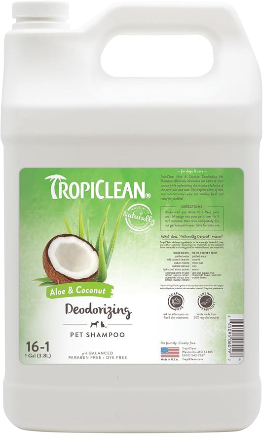 TropiClean Deodorizing Dog Shampoo for Smelly Dogs, Professional Dog Shampoo, Powerful Odor Control, Puppy Safe, Aloe & Coconut Scent, 1 Gallon