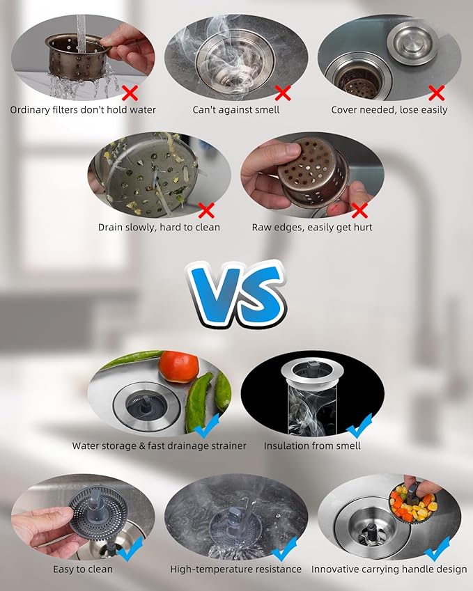 Hibbent Upgraded 3 in 1 Kitchen Sink Drain Strainer and Stopper Combo, Stainless Steel Metal Pop Up Sink Stopper, Anti-Clogging Basket with Foldable Handle for US Standard 3-1/2 Inch Drain