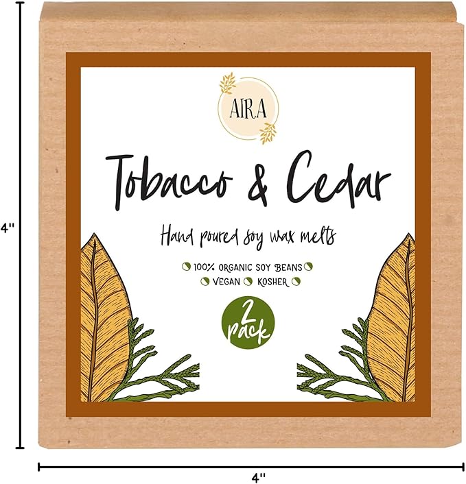 Aira Soy Wax Melt - Organic, Vegan, Kosher, Scented Soy Wax Cubes w/Essential Oil Blends - No Chemical 100% Soy Tart for Electric/Tealight Melters - Hand-Poured Soy Tarts - Tobacco & Cedar - 2 Pack