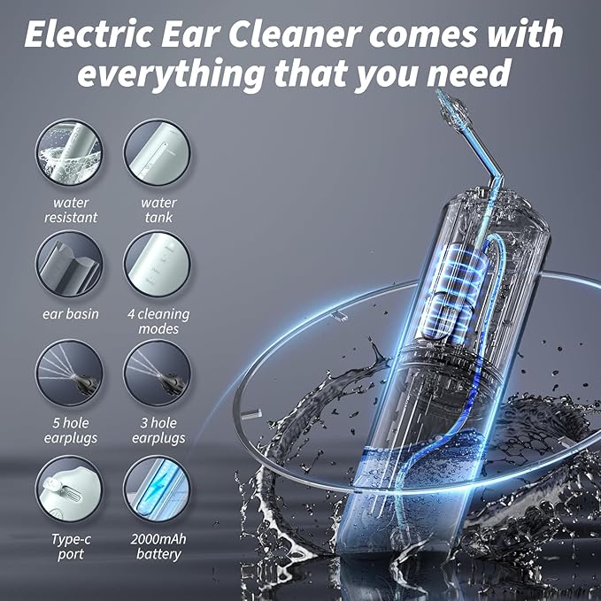 Ear Wax Removal - Electric Ear Cleaner - Ear Irrigation Kit Safe Ear Irrigation Flushing System with 4 Pressure Settings - Effective Ear Wax Removal Tool for Earwax Buildup (Silver)