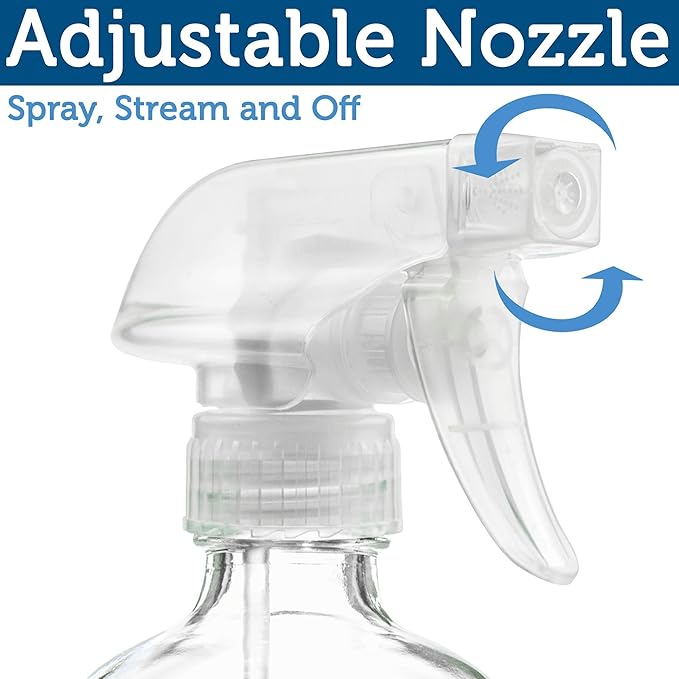 Sally's Organics® Empty Clear Glass Spray Bottles - Refillable 16 oz Containers for Essential Oils, Cleaning Products, Aromatherapy, Misting Plants, or Cooking - Sprayer with Mist and Stream - 2 Pack