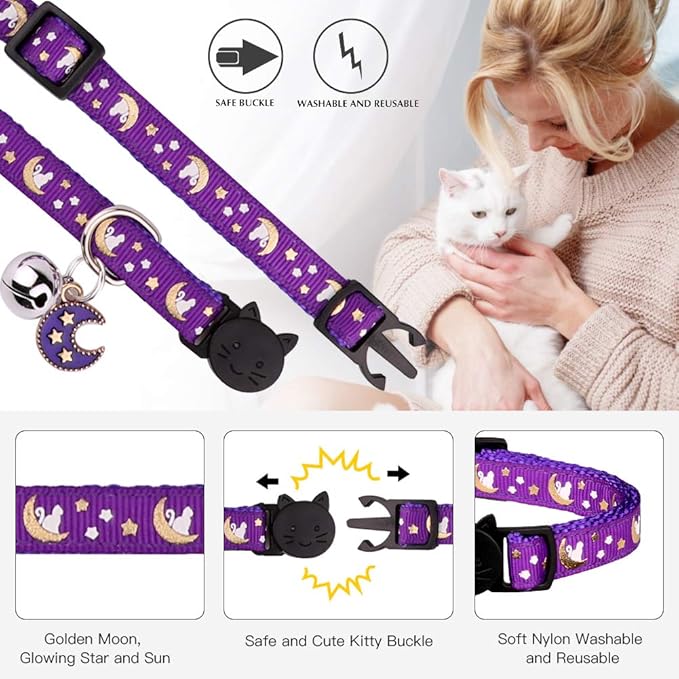 2Pcs Breakaway Cats Collars Cat Collars for Boy & Girl Cats Adjustable Kitten Collars with Bell,Pink+Purple,7"-10.7"