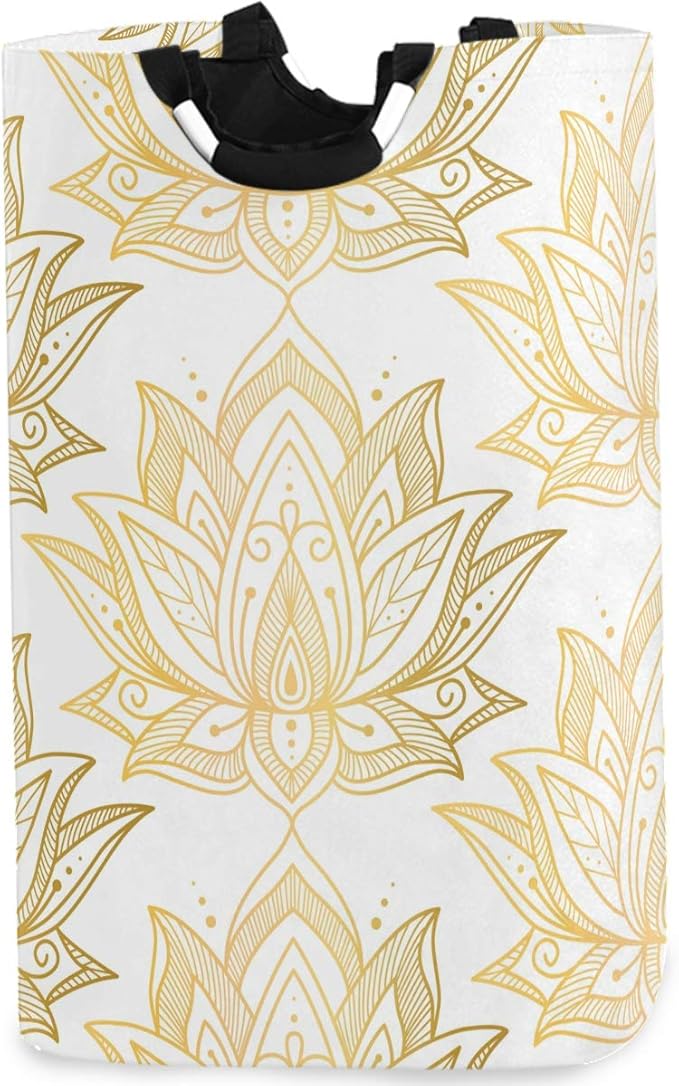 visesunny Collapsible Laundry Basket Gold Lotus Flower Large Laundry Hamper Oxford Fabric Dirty Clothes Toy Organizer with Handle For Bathroom Kids Room Dorm