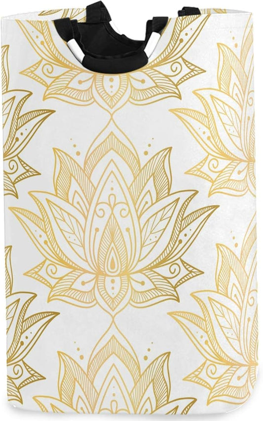 visesunny Collapsible Laundry Basket Gold Lotus Flower Large Laundry Hamper Oxford Fabric Dirty Clothes Toy Organizer with Handle For Bathroom Kids Room Dorm