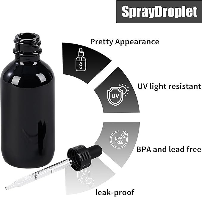 24 Pcs, 2oz Glass Dropper Bottle, Leakproof Tincture Bottles with Dropper, Black Reusable Eye Dropper Bottle, for All Kinds of Liquids (Black, 2oz-24pcs)