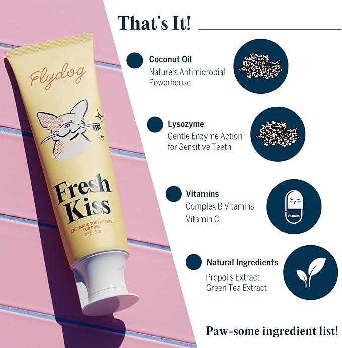 FlyDog Fresh Kiss Dog Tooth Brushing Kit - Vet Approved Formula, Enzymatic Dog Toothpaste and Brush - Breath Freshener & Tartar Remover, 360° Toothbrush & Finger Brush, Dental Guide, Chicken Flavor