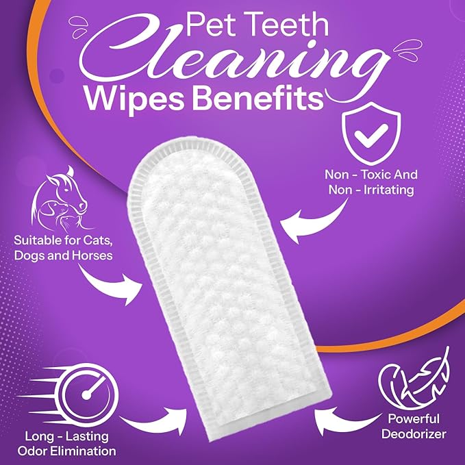 DEVO-T 100% Natural Dog Teeth Cleaning Wipes Unscented | 50 Count | Pet Teeth Cleaning Finger Wipes for Dogs, Cats & Horses | Remove Bad Breath, Plaque & Tartar Buildup | Dog Dental Wipes Finger