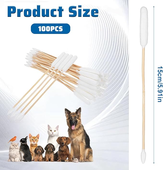 100PCS Long Cotton Dog Ear Swabs Double Sided Dog Ear Swabs 6 Inch Long Cotton Swab Large Double Sided Qtips Gentle Lint-Free Clean Wood Buds for Pet Dogs Ears Cleaning Wax Removal
