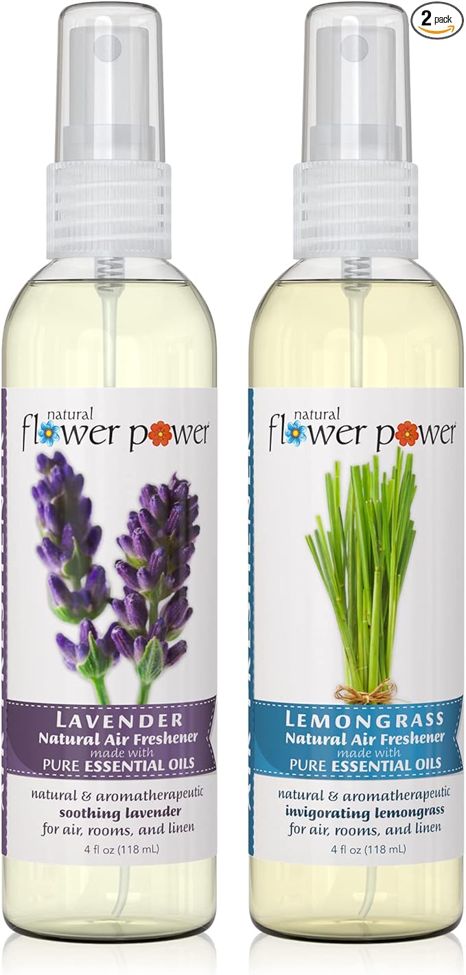 Natural Flower Power Air Freshener Spray - Odor Eliminator with Essential Oils for the Home, Car & Fabric - Cruelty Free & Vegan - 2 Pack with Lavender and Lemongrass - 2 x 4 oz