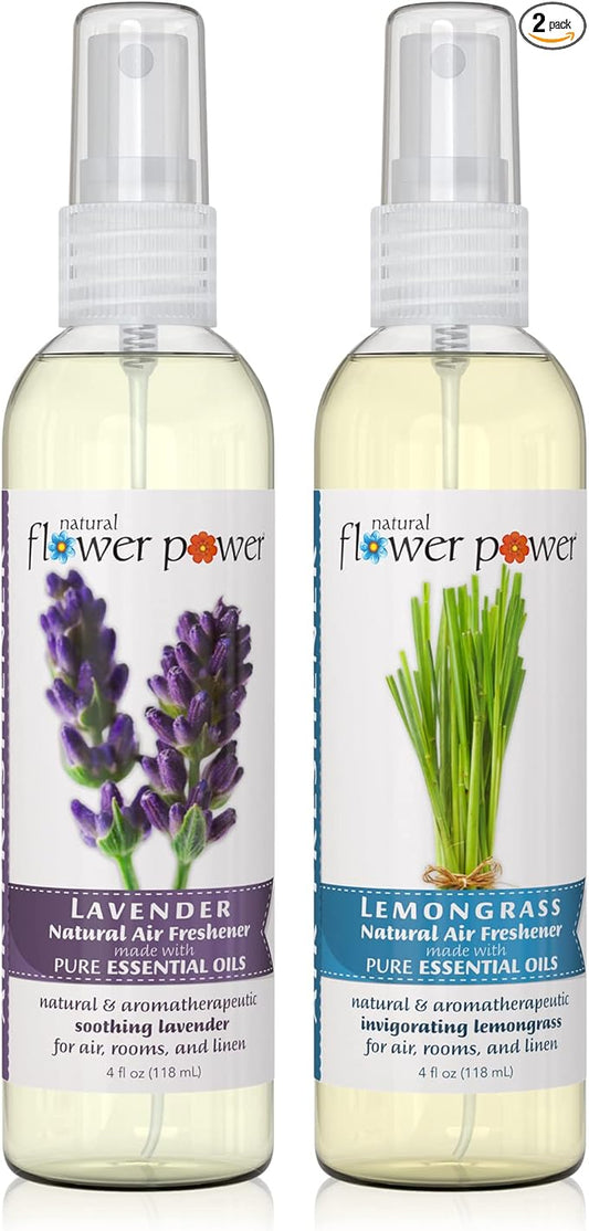 Natural Flower Power Air Freshener Spray - Odor Eliminator with Essential Oils for the Home, Car & Fabric - Cruelty Free & Vegan - 2 Pack with Lavender and Lemongrass - 2 x 4 oz