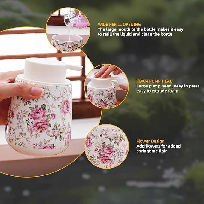 Soap Dispenser, Ceramic Foaming Soap Dispenser with Easy-to-Press Pump for Bathroom (Flowers Foam Dispenser)