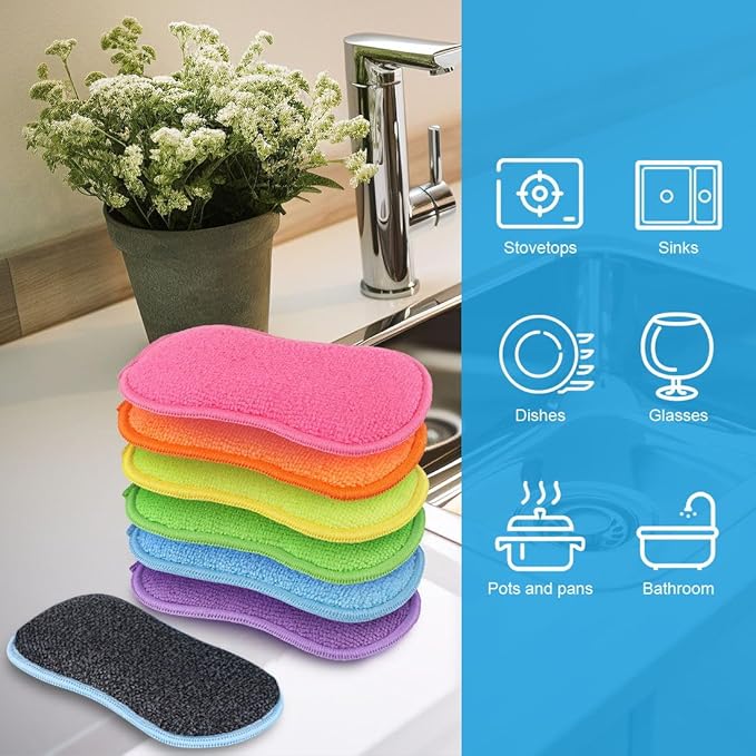 HOMEXCEL 6 Pack Multi-Purpose Scrub Sponges Kitchen, Dish Sponge, Non-Scratch Microfiber Sponge for Efficiently Cleaning Dishes, Pots, and Pans (Multicolor)