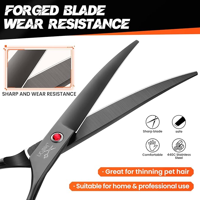 JASON 7.5" Dog Grooming Scissor - Professional Down-curved Shear with Ergonomic Handle Japanese Stainless Steel Hair Scissor for Dogs, Cats and Other Pets, Sharp (Down-curved, Black)