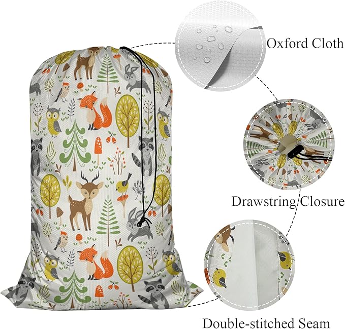 Swono Woodland Animals Laundry Bag with Strap Machine Washable Large Dirty Clothes Organizer Trees Mushrooms Berries Rabbit Owl Easy Fit Laundry Hamper or Basket, Carry Up to 4 Loads of Laundry