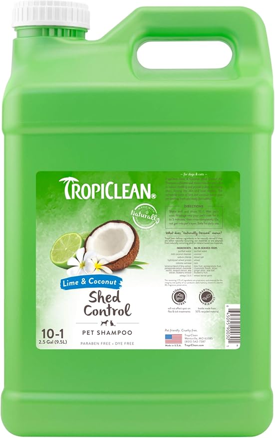 TropiClean Deshedding Dog Shampoo, Professional Dog Shampoo, Fast-Acting Shedding Control, Puppy Safe, Made in USA, Lime & Coconut Scent, 2.5 Gal